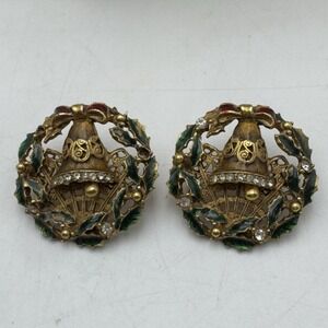 Vintage Don-Lin Clip on Earrings Christmas Wreath Bell Bow Statement Enamel Leaf